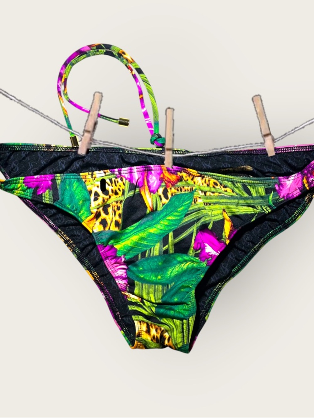 Victoria's Secret Black Bikini Bottom with Green, Pink and Yellow Tropical Print